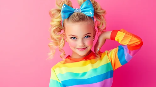 Photorealistic portrait of girl in rainbow styling on pink wall.