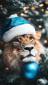 Lion in blue Santa hat among snowy Christmas branches.