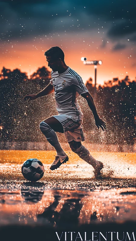Sunset soccer stride through sparkling rain-soaked field.