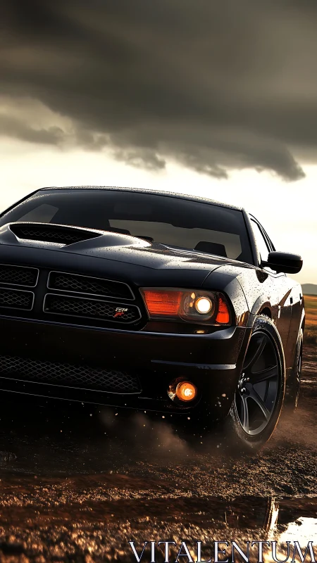 Muscle car powers through rain-soaked dirt under storm clouds