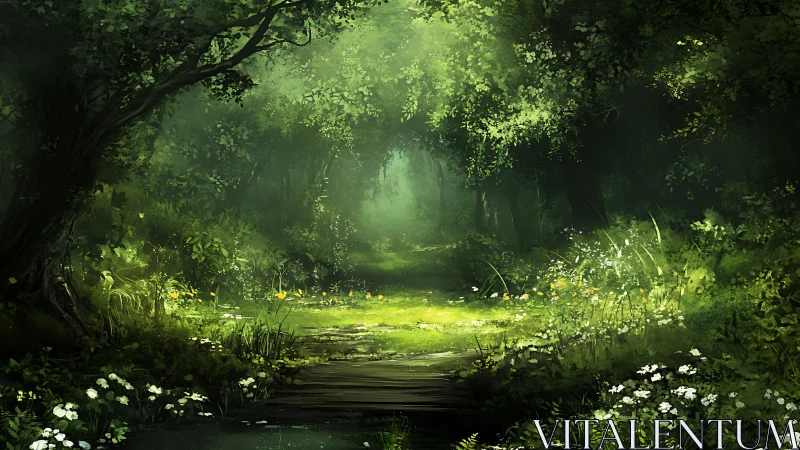 Woodland Portal Beckons Through Emerald Cathedral of Ancient Trees