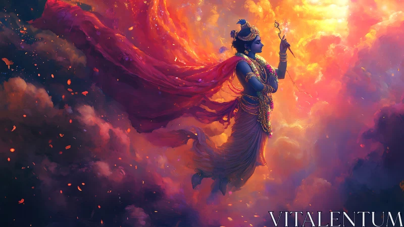 Divine blue figure floating in vivid radiant clouds.