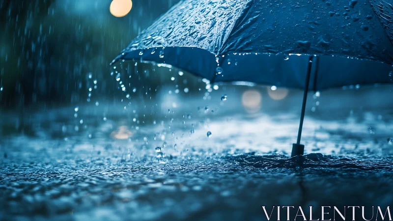 Midnight blue umbrella sheltering under heavy rainfall.