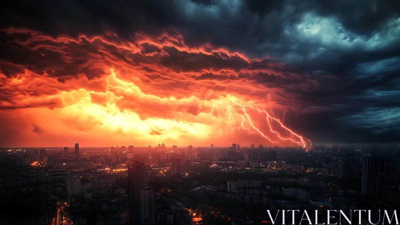 Storm-lit city skyline burns beneath violent electric sky