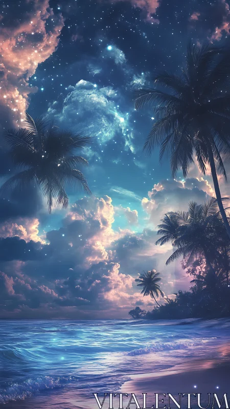 Starry tropical shoreline under luminous night sky.