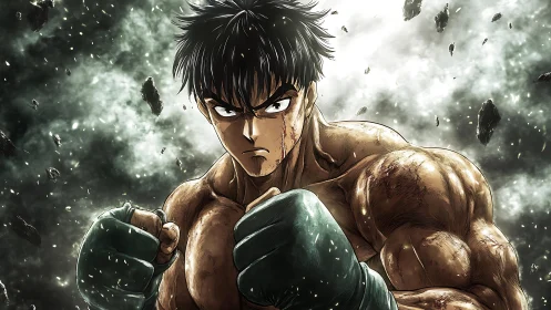 Fierce anime boxer stands strong in a storm of flying debris
