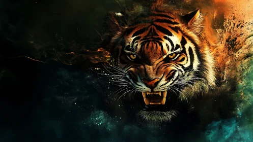 Roaring tiger emerges from abstract nebular fire and smoke