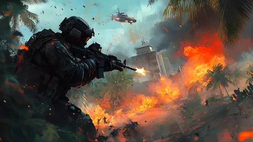 Tactical operator in jungle assault amid volumetric firestorm.