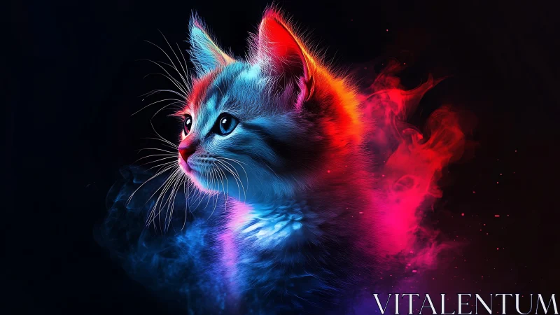 Neon Cat Surrounded by Luminous Particle Effects and Color Gradients