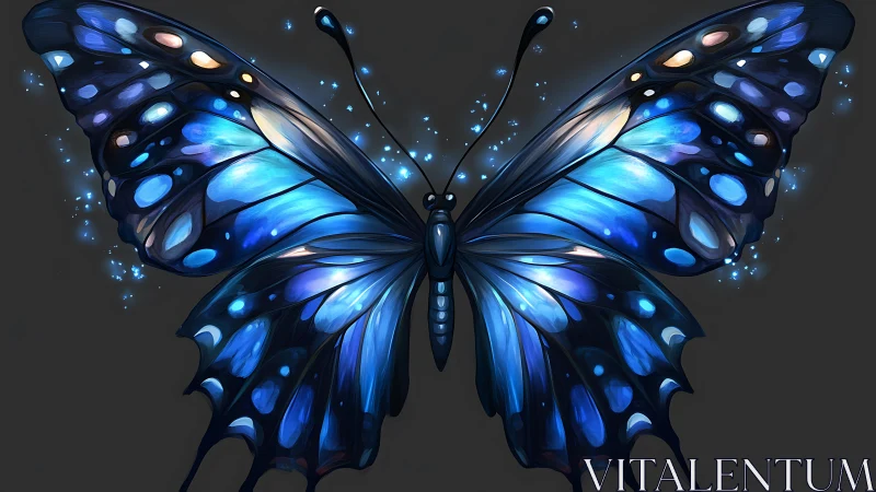 Blue bioluminescent butterfly illustration on dark field.