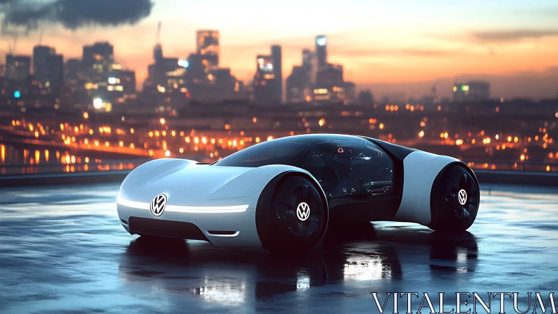 Futuristic Volkswagen concept car glows over a twilight city.