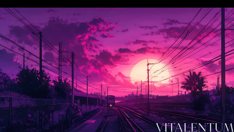 Train tracks recede toward a low sun under magenta clouds