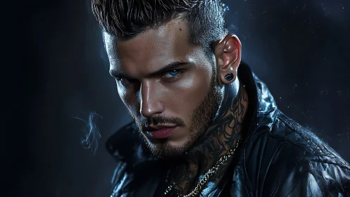 Moody tattooed man holds a steady gaze in dramatic blue light