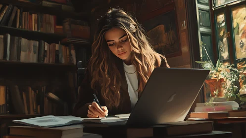 Woman studying with laptop in warm library interior setting.