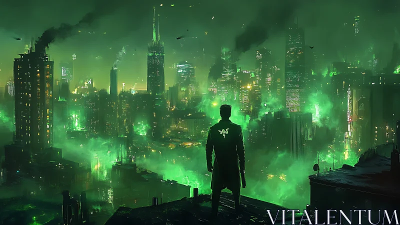 Lone figure surveys toxic neon green cyberpunk megacity