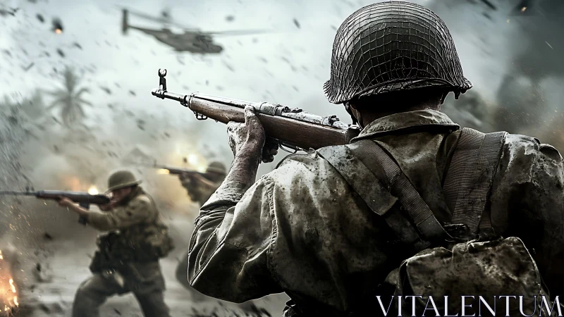 World War II infantry assault with rifleman under air support