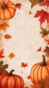 Autumn pumpkins and falling foliage framing blank center.