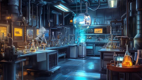 Futuristic chemical laboratory with glowing glass sphere.