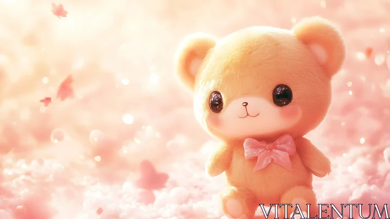 Plush bear figure rendered in soft pink atmospheric scene