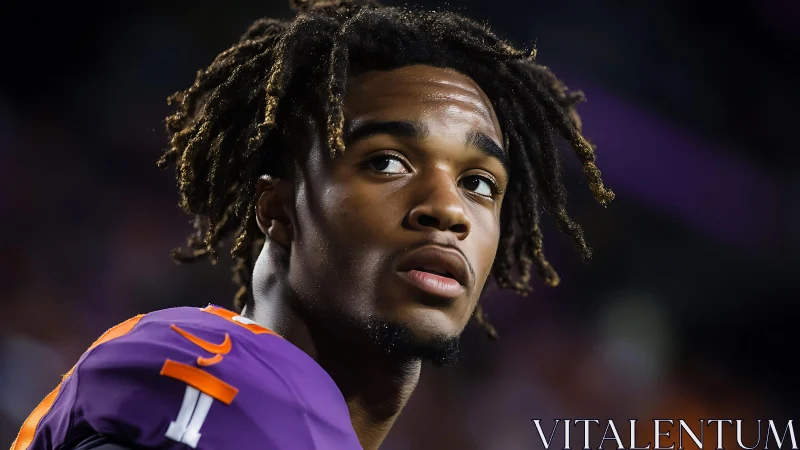 Young football player gazes upward under stadium lights