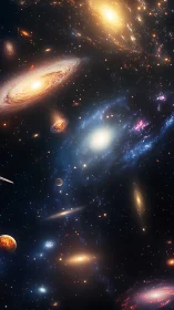 Multi-galaxy deep space vista with nebular dust and starfields