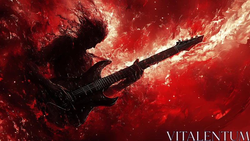 Guitarist silhouette dissolves into red inferno of sound.