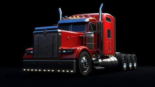 Red semi truck shines under dramatic studio rim lighting.