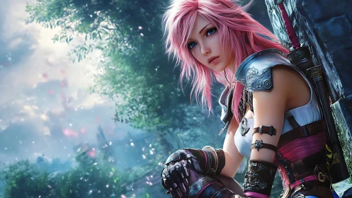 Pink‑haired warrior resting in a spell‑soft forest glow.
