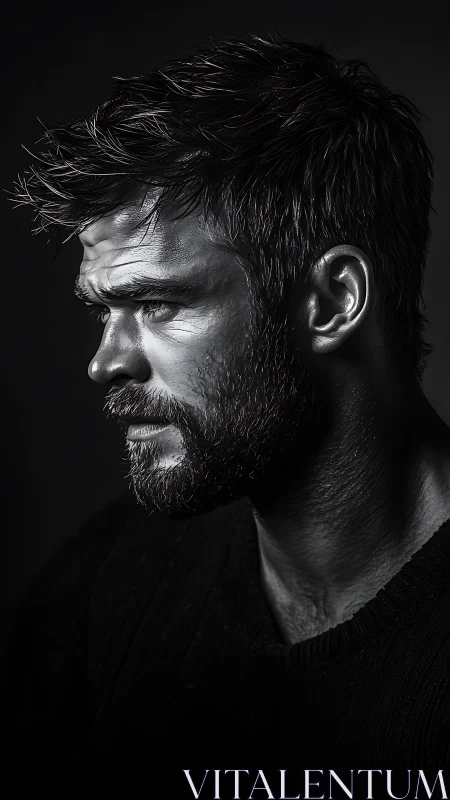 Moody monochrome portrait captures a man in intense reflection