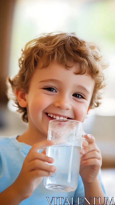 Happy child drinks water with ice cube on face.
