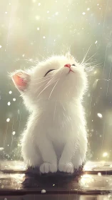 Luminescent White Kitten in Ethereal Rain: Digital Illustration.