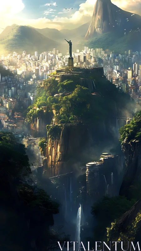 Towering statue overlooks futuristic cliffs and cityscape.