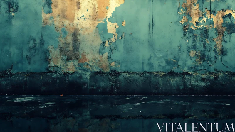 Weathered teal wall with peeling paint in moody, artistic style.