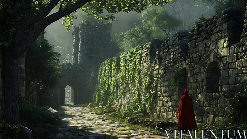 Cloaked wanderer enters ivy-choked ruins at forest&rsquo;s edge