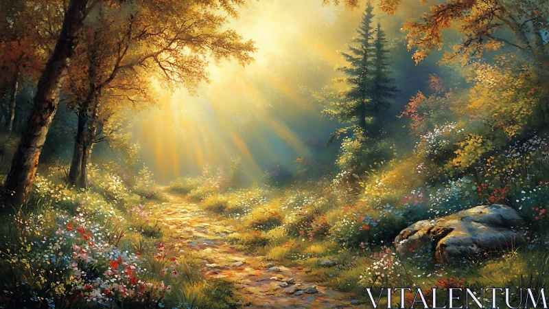 Sunlit woodland path where wildflowers whisper in gold.