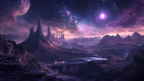 Alien mountain landscape under purple nebula-filled night sky.