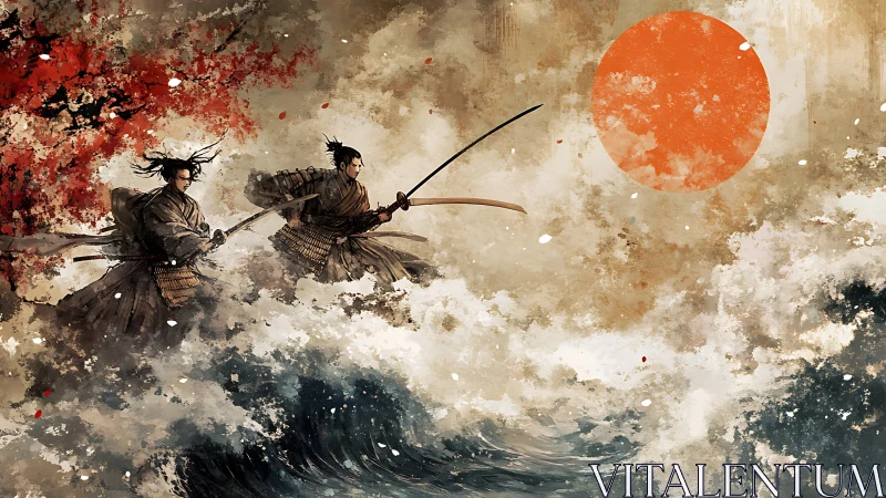 Samurai ride storm-tossed seas beneath a bleeding sun.