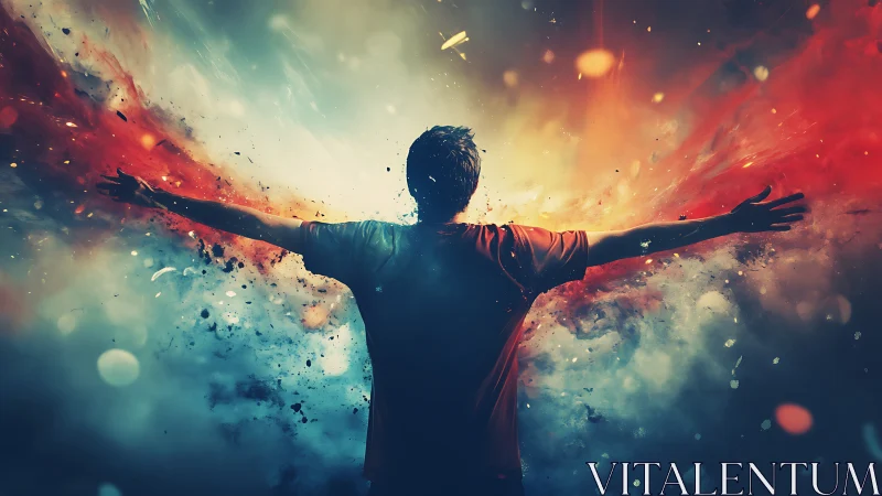 Silhouette figure with outstretched arms amid abstract light field.