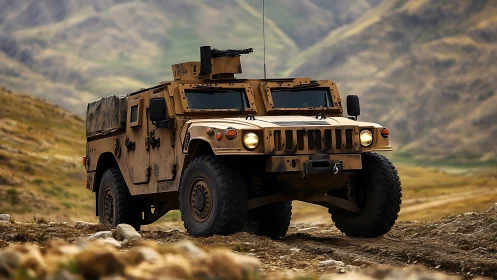 Armored off-road military vehicle traverses rocky mountain terrain