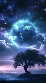 Lone silhouetted tree under large glowing blue planet.