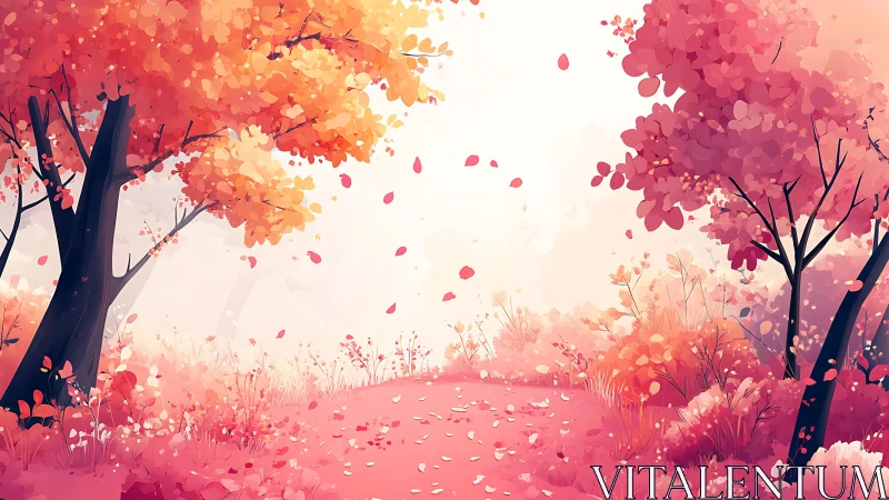 Gentle autumn path glowing with pink and golden leaves.