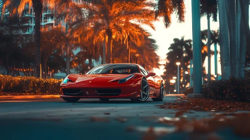 Low-angle red supercar framed by palm-lined boulevard at dusk