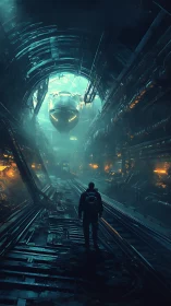 Lone drifter confronts a watching ship in neon tunnel depths