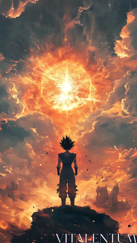 Silhouetted warrior observes massive fiery explosion overhead