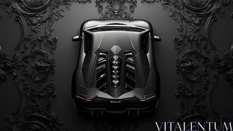 Black supercar rendered top view over ornate dark background