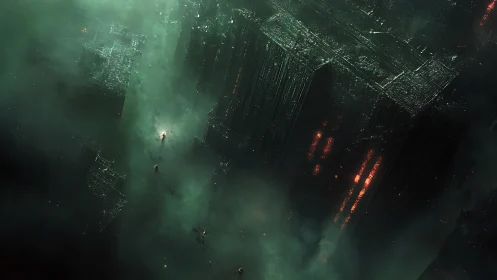 Towering alien megastructures loom through toxic neon fog