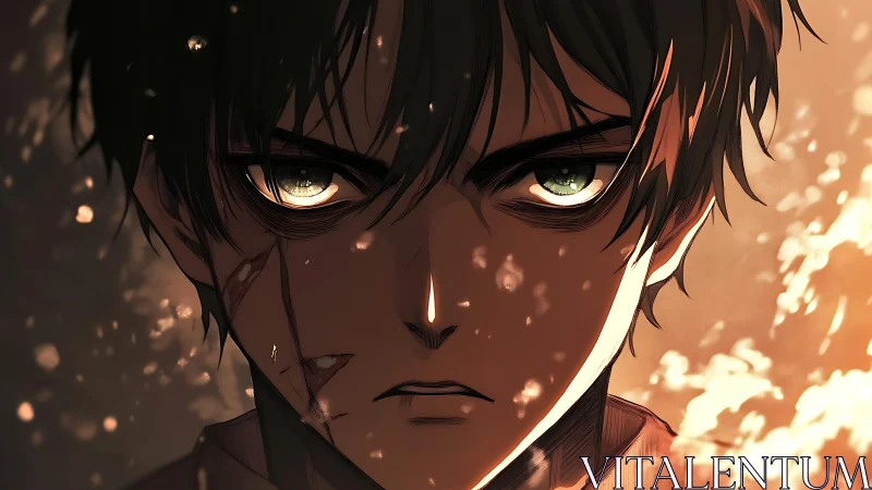 Intense anime boy with scars in warm fiery light.