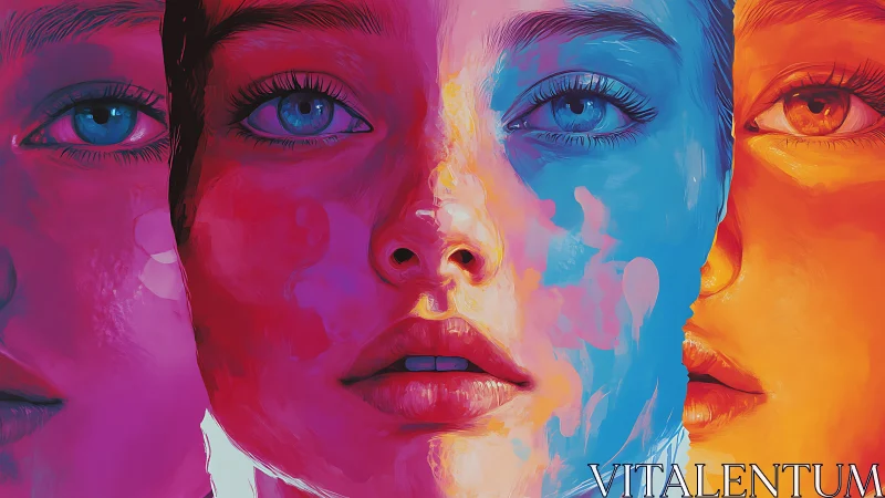 Triadic chromatic portrait triptych in vivid digital painting style.