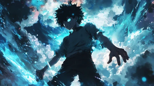 Storm-lit anime hero amid swirling blue cosmic clouds.