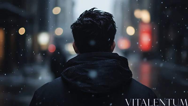 Rear view of solitary person on snowy urban street.